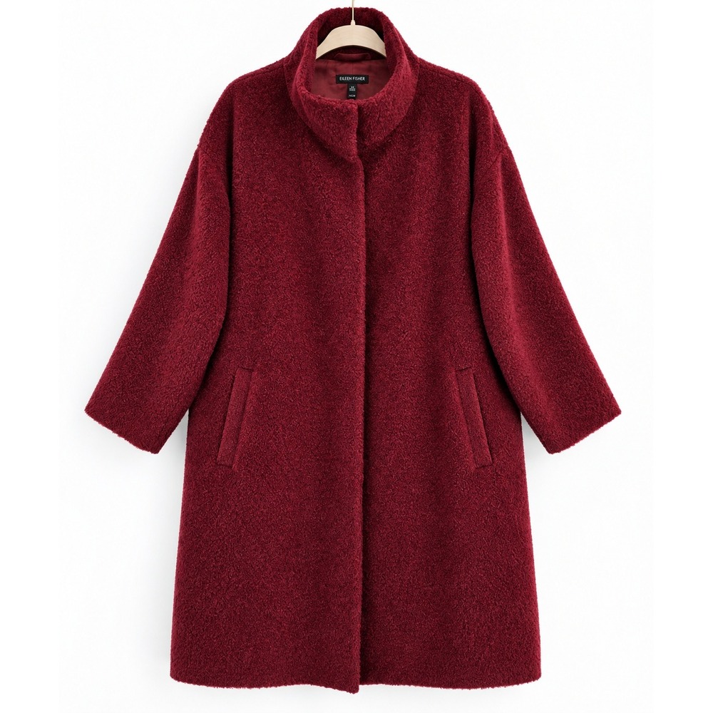 Eileen Fisher Sheared Suri Alpaca Wool Stand Collar Coat Burgundy XL $698